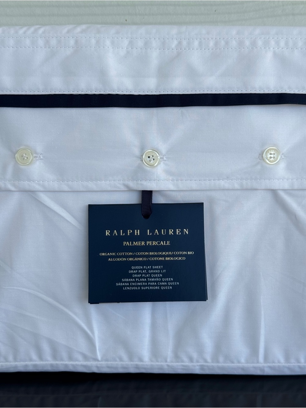 Ralph Lauren Palmer Percale Queen Flat Sheet Organic Cotton 464TC Navy Trim NWT - Picture 2 of 8